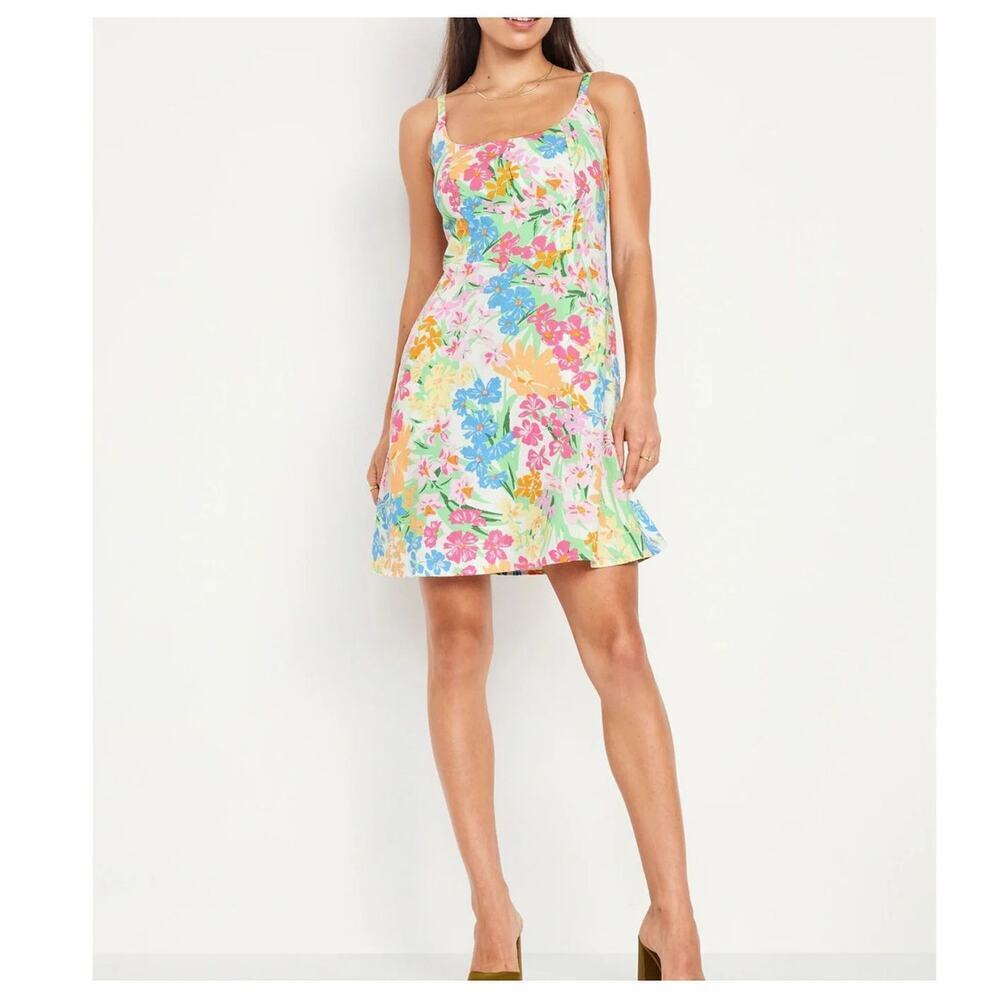Old Navy Fit & Flare Floral Linen-Blend Mini Dress Size XXL Pockets Pastel Color
